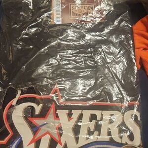 Mitchell & Ness Black Sixers Star Logo Tee with Red & Blue Accents